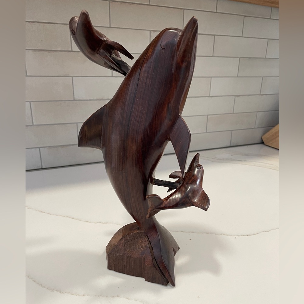 Hand Carved Ironwood Dolphin Statue with Two Babies